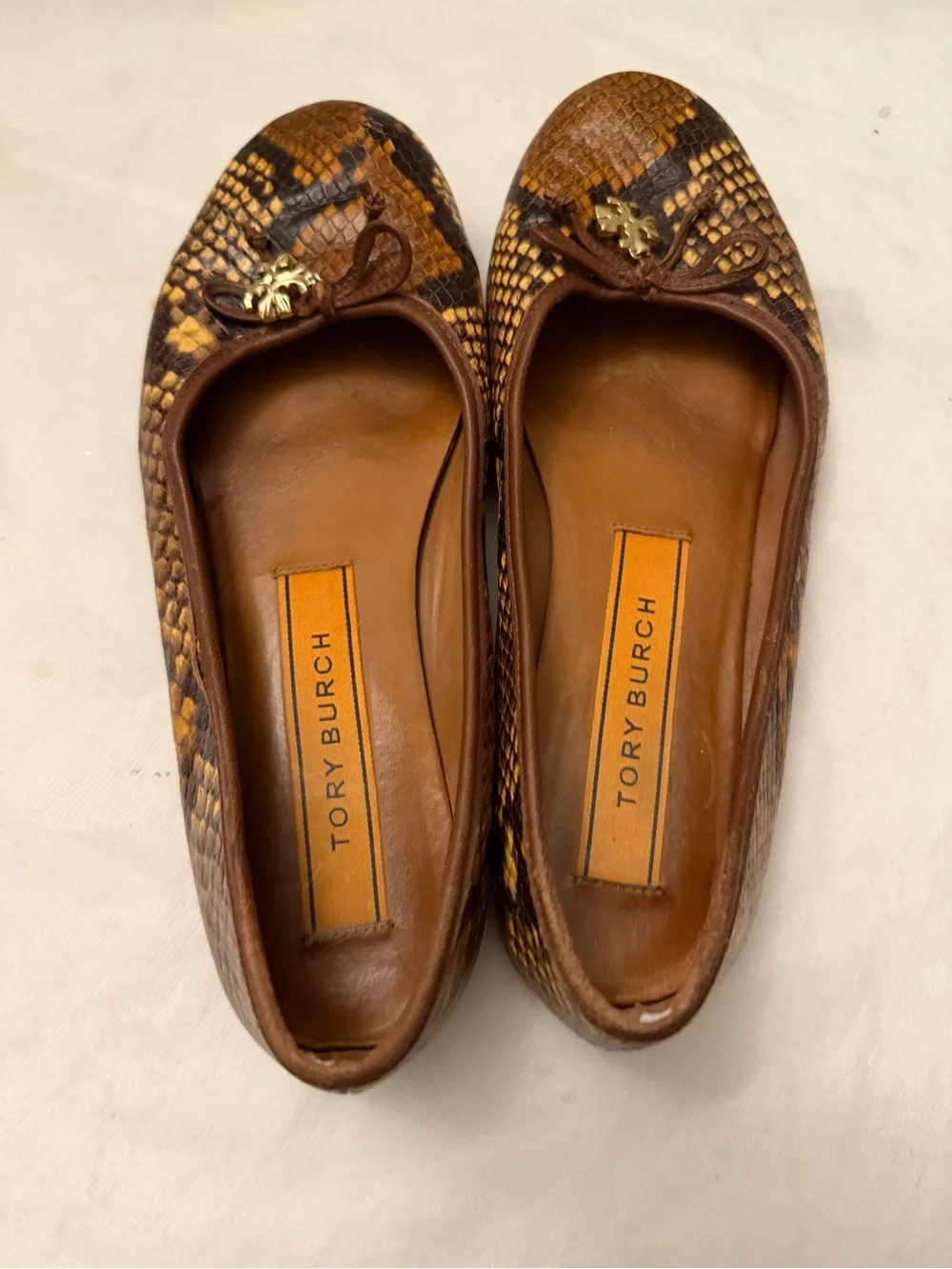 Tory Burch Brown & Tan Snakeskin-Print Ballet Flats with Gold Logo Charm, pre-ow